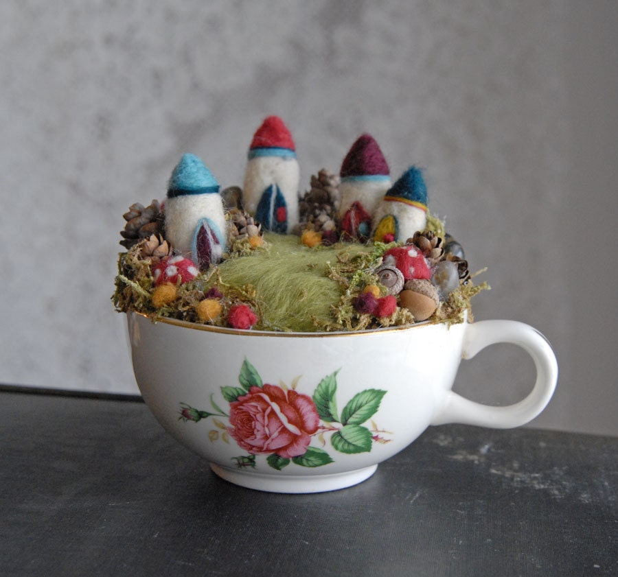 Tiny Fairy Houses and Village, Waldorf Fairy Garden in a Cup, Needle Felted