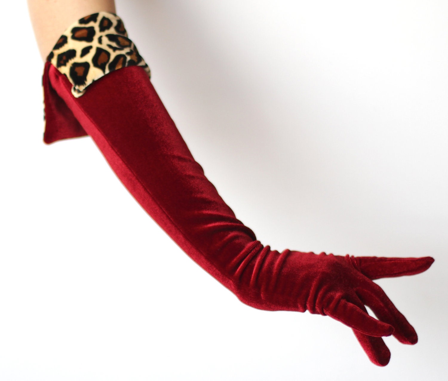 Ooh La La  Full Length Red Velvet Gloves With Leopard Velvet Cuff - 2Tango