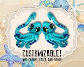 Blue/Green Metallic Duo Squid Octopus Polymer Clay Gauged Earrings 6g, 4g, 2g, 0g, 00g