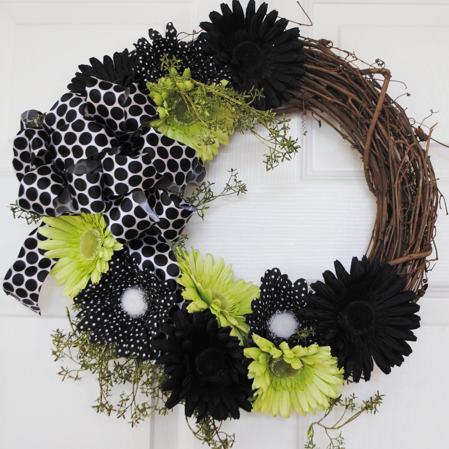 Wreaths-Door Wreath-Lime Green and Black Polka Dot Wreath for Front Door