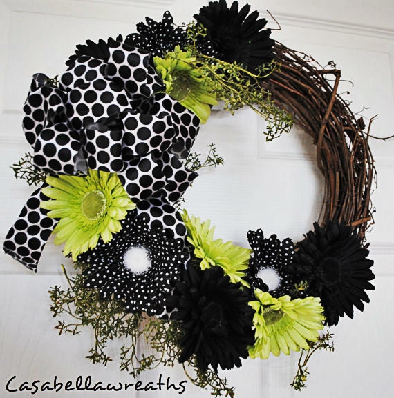 Wreaths-Door Wreath-Lime Green and Black Polka Dot Wreath for Front Door