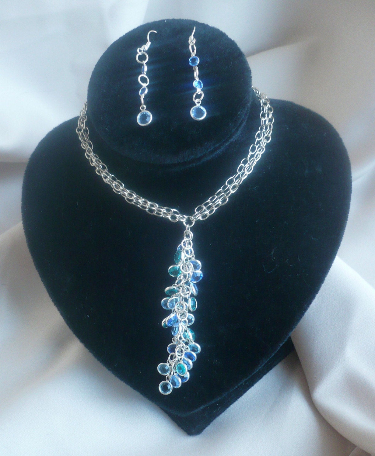Various Shades of Blue swaorvski Waterfall Necklace and Earrings Set