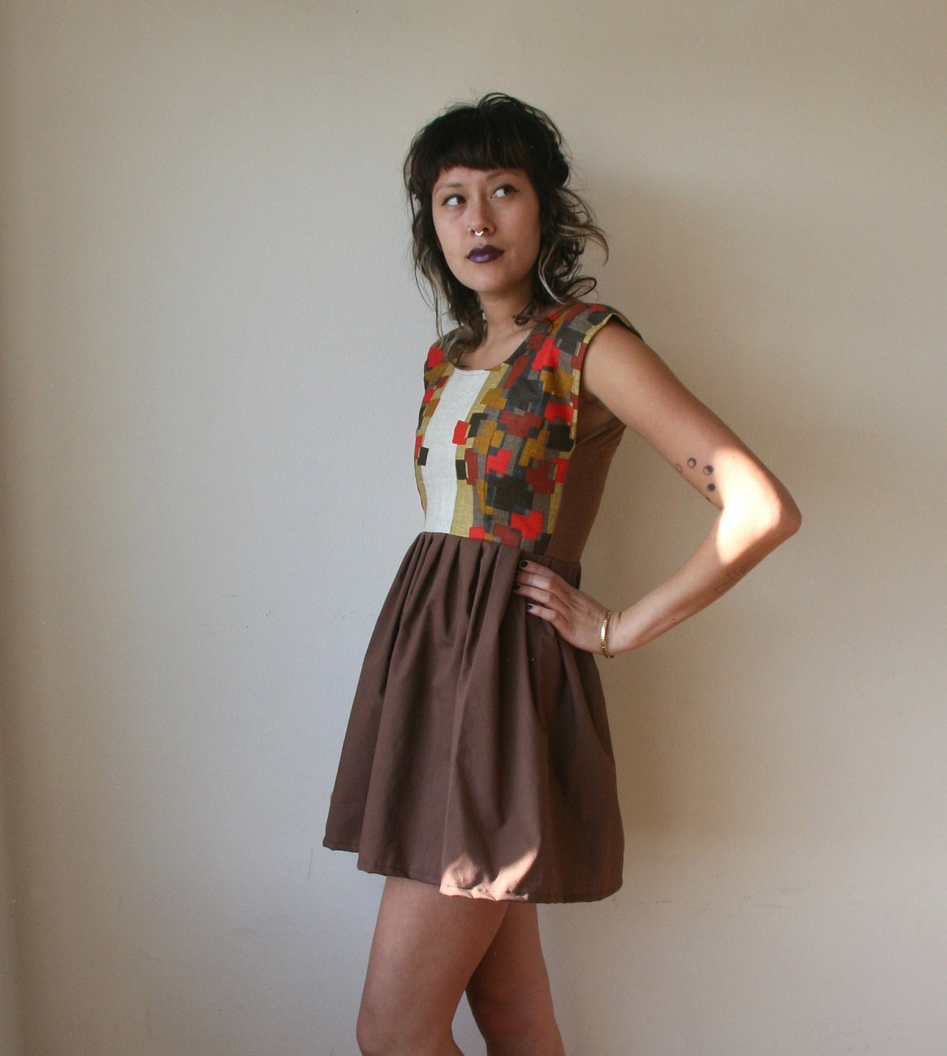 LAST ONE Rusty Cuts Geometric Print Red and Brown Mini Dress Sz S