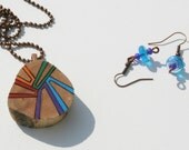 Chunky Woodburned Cedar Pendant with Matching Earrings, Rainbow Colors