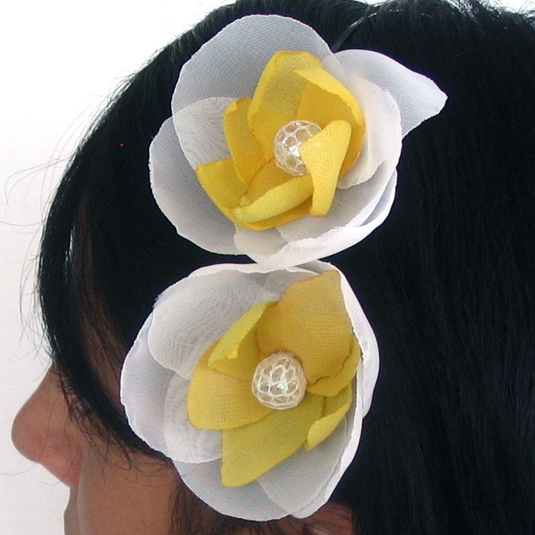 Daffodil Headband Fabric Flower Handmade Hair Carm Headpiece Yellow White - CUSTOMIZABLE