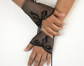 Black Fingerless Gloves  Made of Light Stretcy Tulle: Ribbon Accented. Handmade