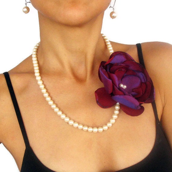 Ivory Bridal Pearl Necklace Stylish Charm Purple Taffeta Flower OOAK Handmade