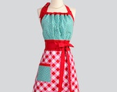 Cute Kitsch Retro Apron / Handmade Full Retro Womens Apron in Red Gingham and Turquoise Bodice