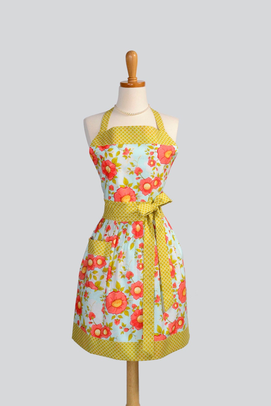 Womens Bib Full Aprons , Full Handmade Kitchen Apron in Blue Coral Floral from Riley Blake Daydream Fabrics Perfect for Personalization