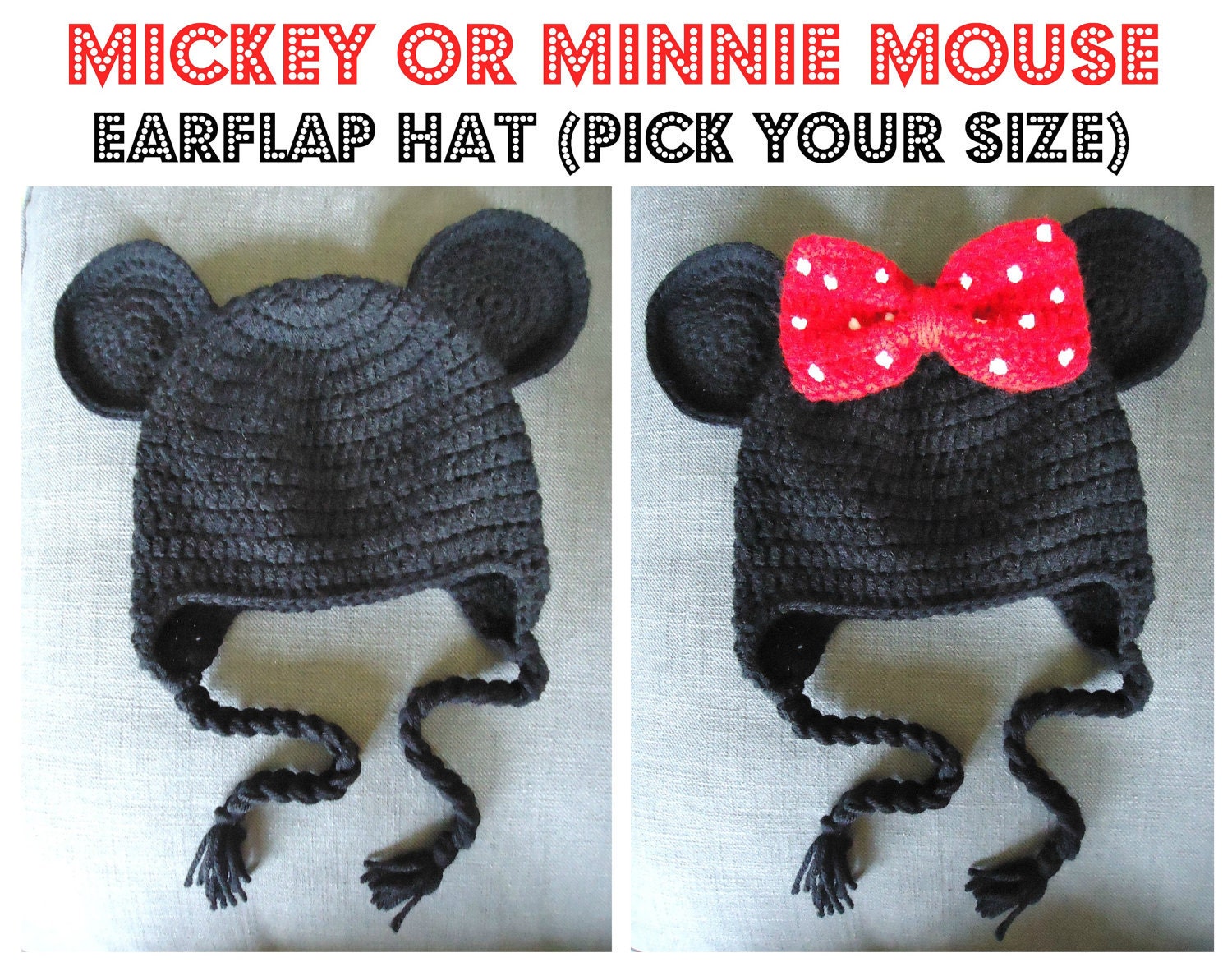Mickey or Minnie Mouse Earflap Hat- pick your size