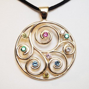 Family Spiral Birthstone Pendant (or Brooch) in 10K Gold