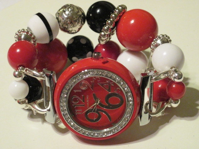 Chunky Red, White and Black Cardinals themed double stranded interchangeable watch band includes red watch face with rhinestones