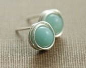 Sky Blue Post Earrings, Amazonite Wrapped in Sterling Silver, Handmade Gemstone Earrings, March Birthday, aubepine