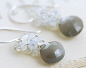 Gray Moonstone Cluster Earrings, Sterling Silver Moonstone Earrings, Dangle, aubepine