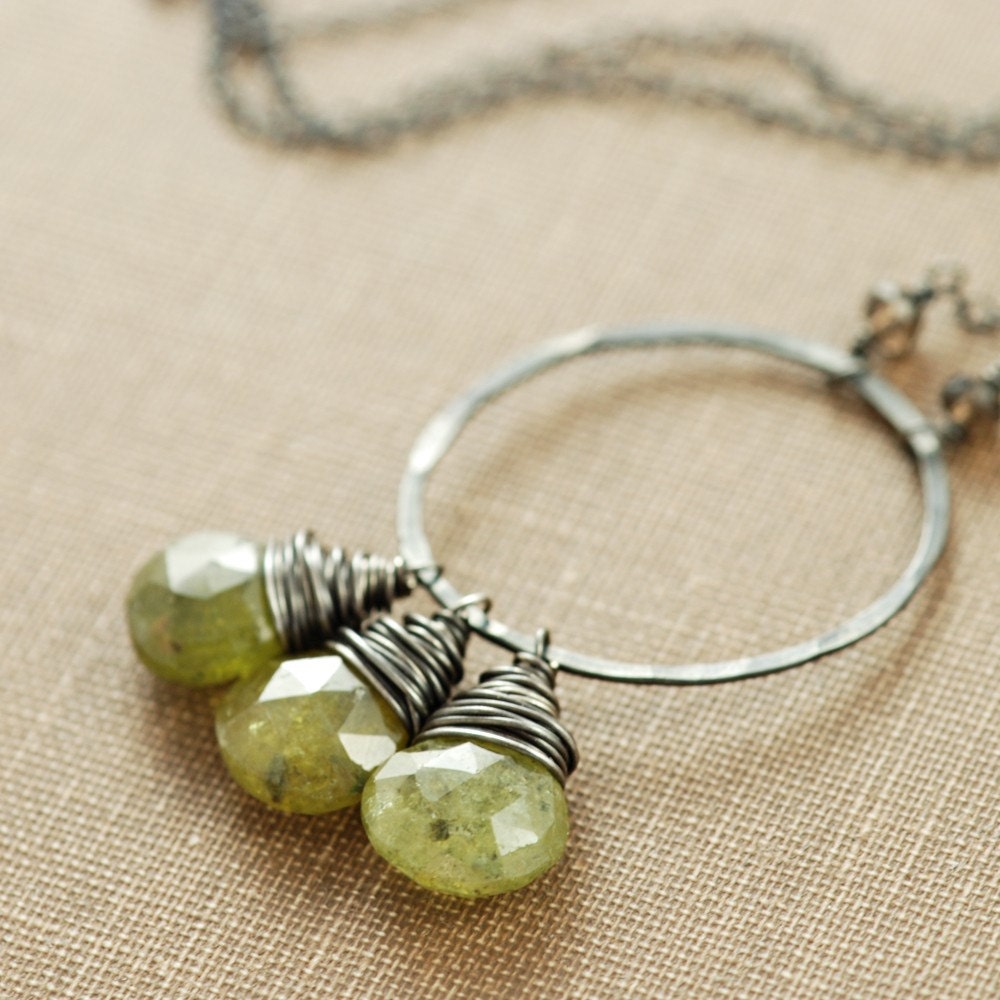 Moss Green Garnet Necklace Wrapped in Sterling Silver, Green Gemstone Pendant, Autumn Fashion, aubepine - aubepine