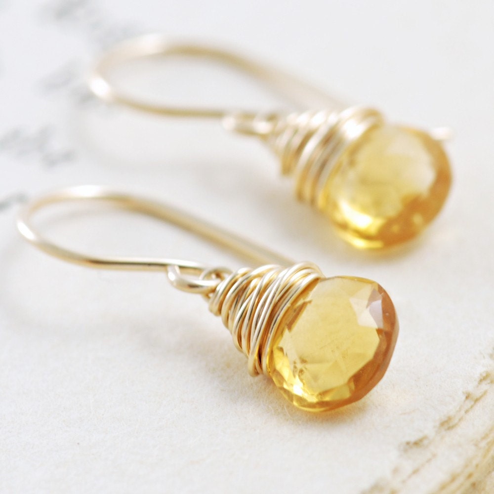 Citrine Earrings Wrapped in 14k Gold Fill, Yellow Gemstone Earrings, Handmade, aubepine - aubepine