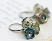 Flower Earrings, Sterling Silver Navy Blue Smoky Grey Glass, Floral Dangle Earrings, aubepine