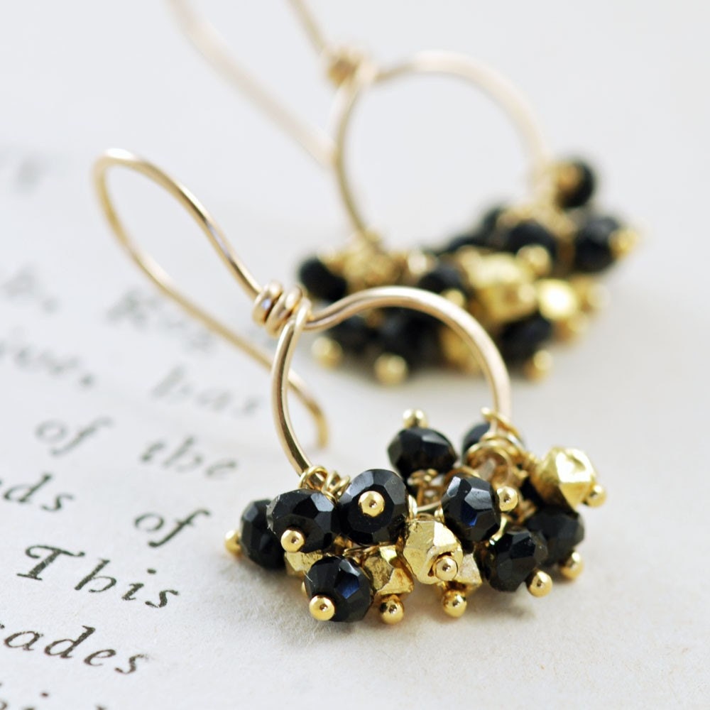 Black and Gold Earrings, 14k Gold Fill Hoop Earrings, Gemstone Clusters, Party Jewelry
