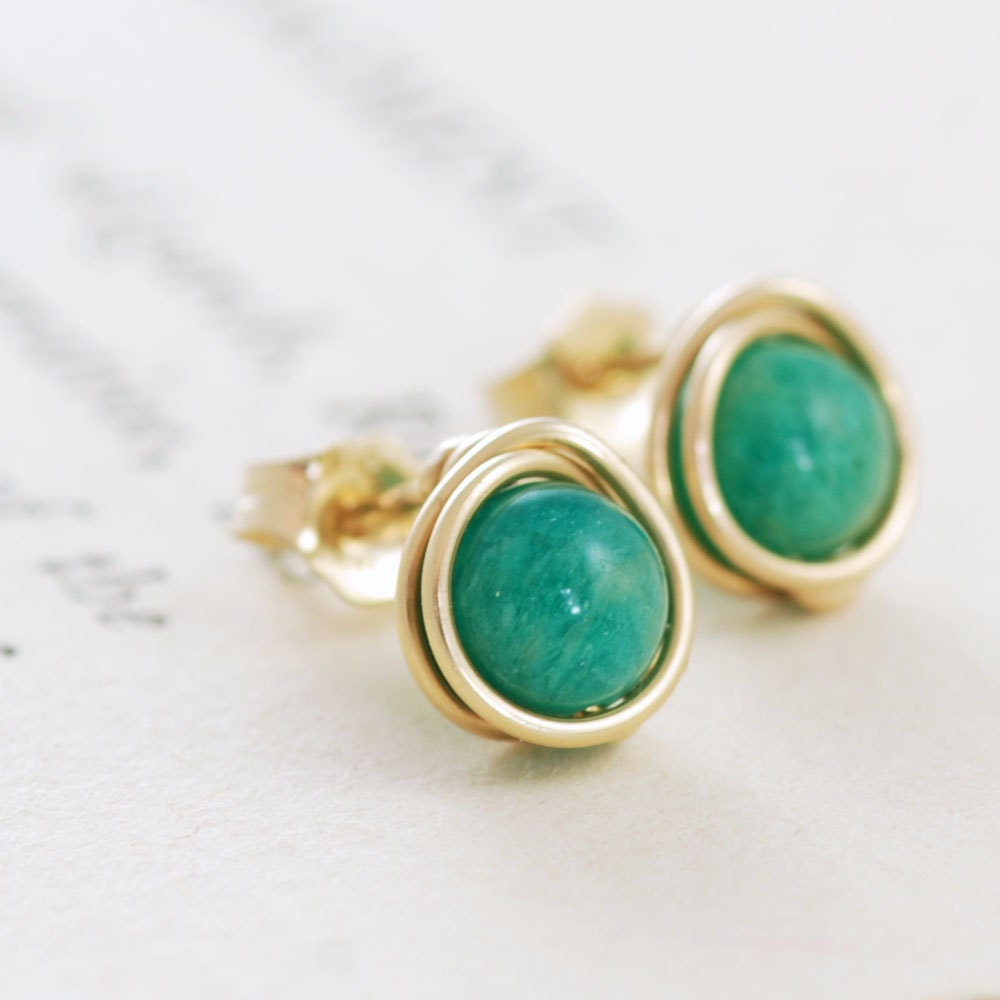 Emerald Green Post Earrings,14k Gold Fill Gemstone Earrings, Wire Wrapped Handmade Jewelry, aubepine - aubepine