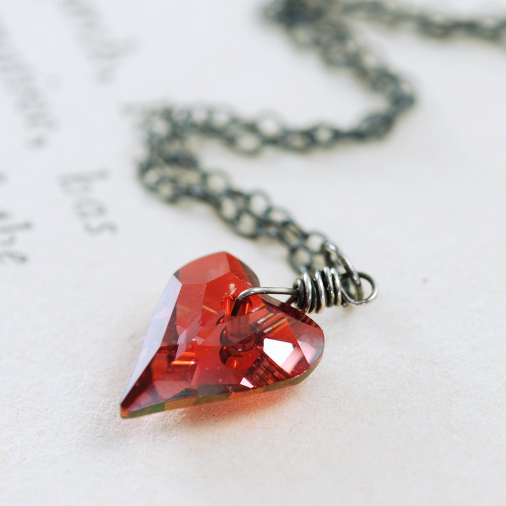 Heart Necklace in Sterling Silver, Red Crystal Wire Wrapped Pendant Necklace