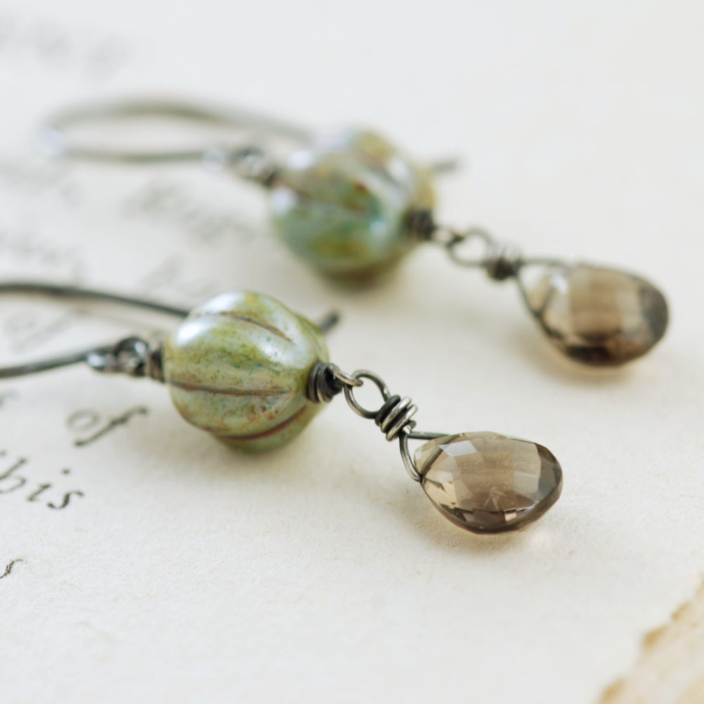 Vintage Style Earrings, Glass Green Smoky Quartz Gemstone Dangle
