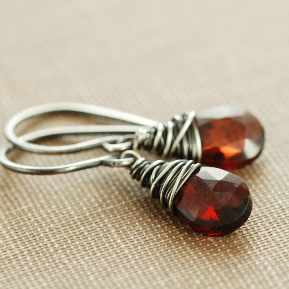 January Birthstone Garnet Earrings, Sterling Silver Dangle Earrings, Red Gemstone, aubepine