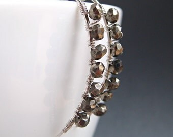 Pyrite Earrings in Sterling Silver, Wire Wrapped Gemstone Handmade Modern Earrings