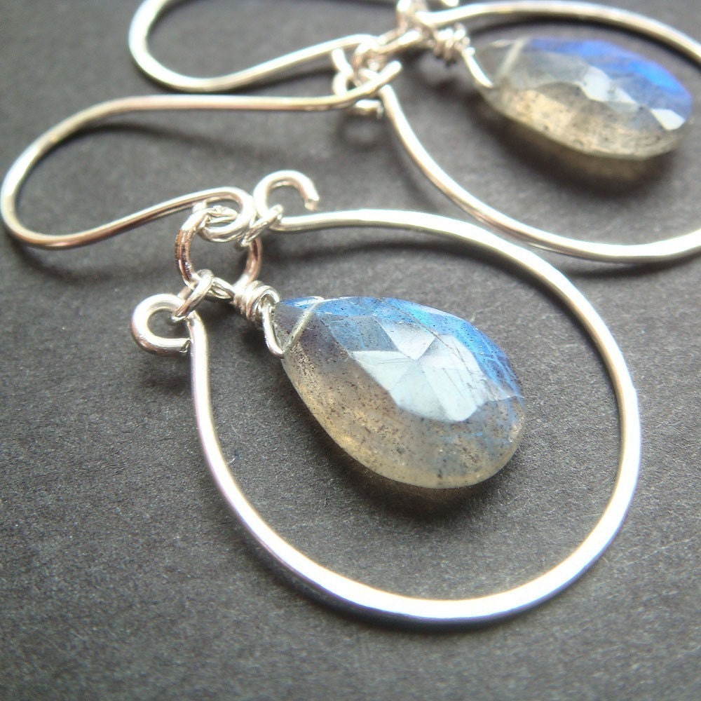 Sterling Silver Chandelier Earrings with Dangling Labradorite, Gray Gemstone Hoop