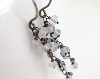 Sterling Silver Cluster Earrings, London Blue Topaz Gray Gemstone Dangle