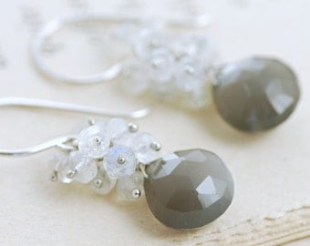 Gray Moonstone Cluster Earrings, Sterling Silver Moonstone Earrings, Dangle, aubepine