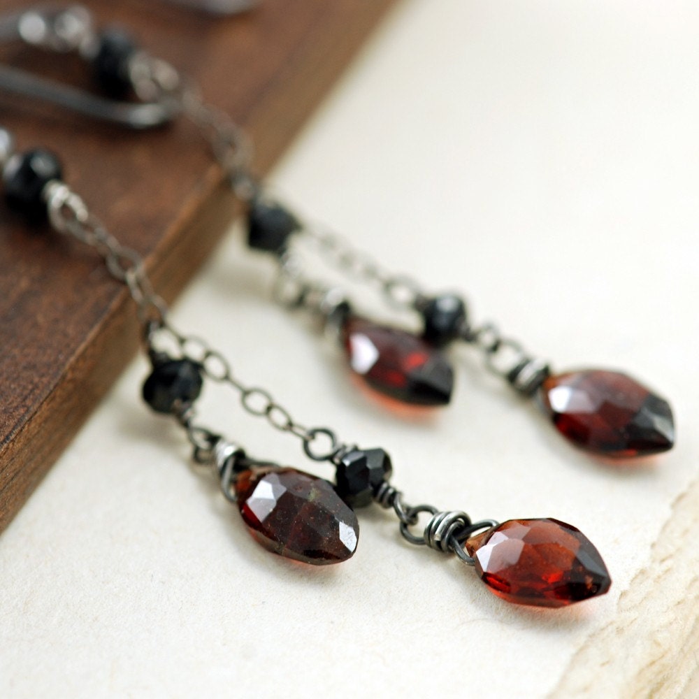 Dangly Garnet Earrings in Sterling Silver, January Birthstone, Red Black Gemstone Drop Earrings, aubepine