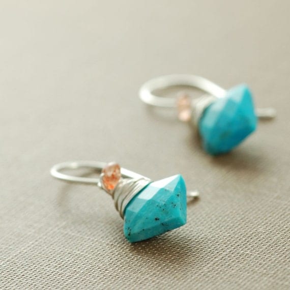 Turquoise Sunstone Earrings Wrapped in Sterling Silver, December Birthstone, Handmade