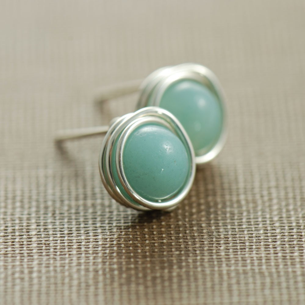 Sky Blue Post Earrings, Amazonite Wrapped in Sterling Silver, Handmade Gemstone Earrings, March Birthday, aubepine