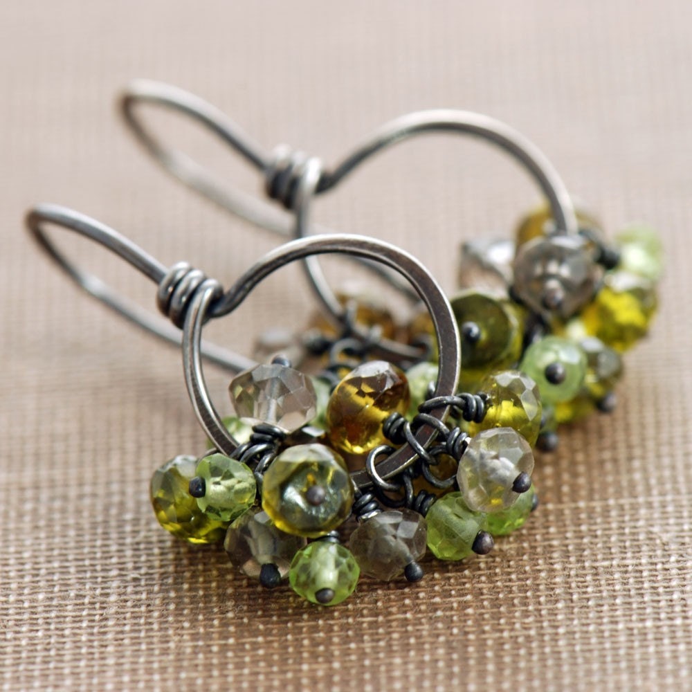 Olive Green Brown Gemstone Earrings, August Birthstone Jewelry, Sterling Silver Hoops, Peridot Vesuvianite Quartz Cluster Earrings
