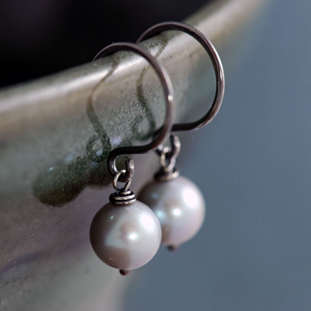 Gray Pearl Earrings Sterling Silver, June Birthstone, Silver Pearl Dangle Earrings