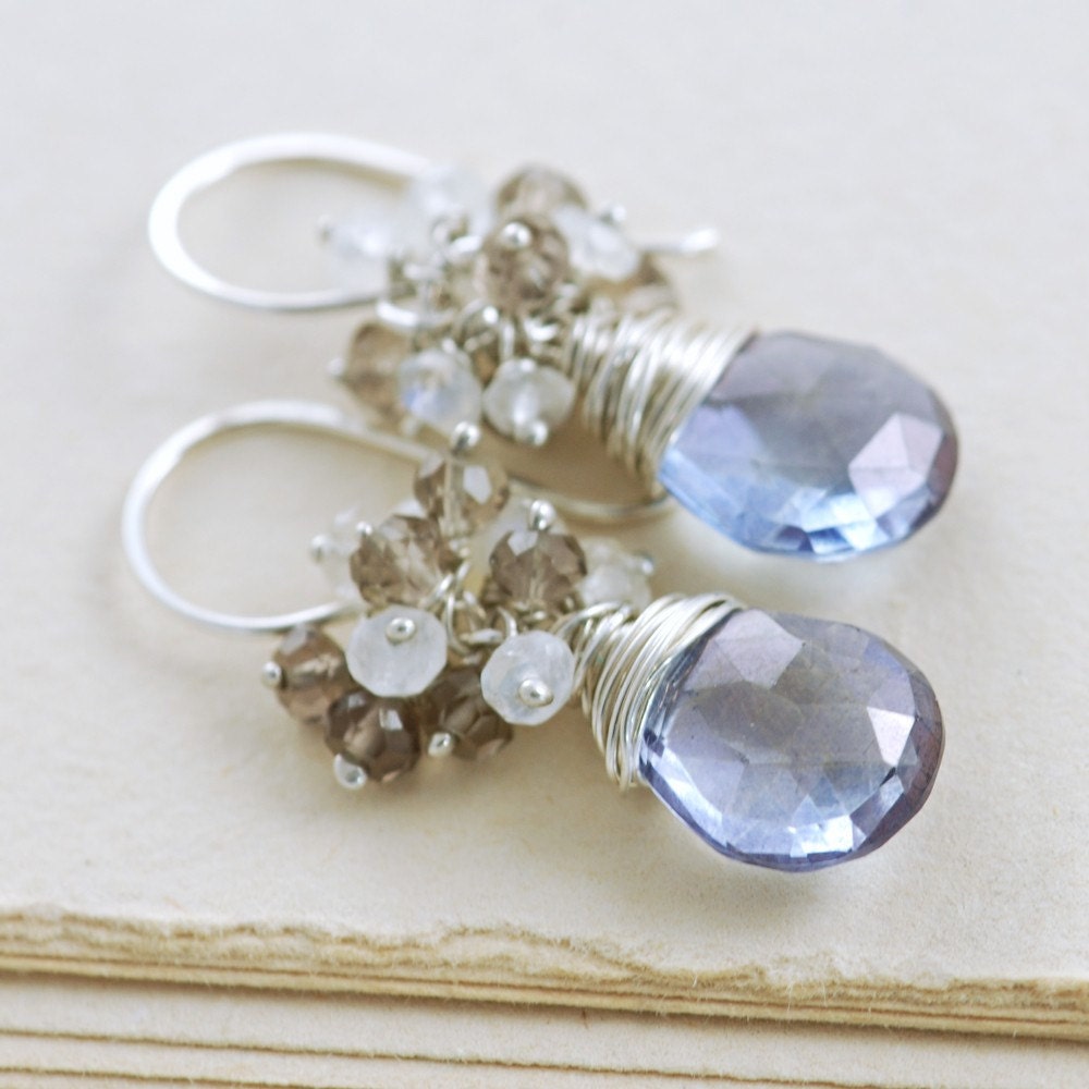 Blue Stone Moonstone Cluster Earrings, Sterling Silver Dangle Earrings, aubepine