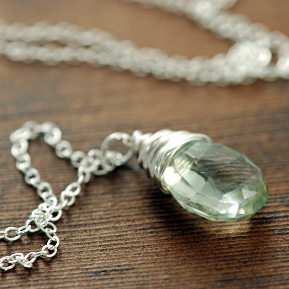 Green Amethyst Necklace in Sterling Silver, February Birthstone, Wire Wrap Handmade Gemstone Necklace, aubepine