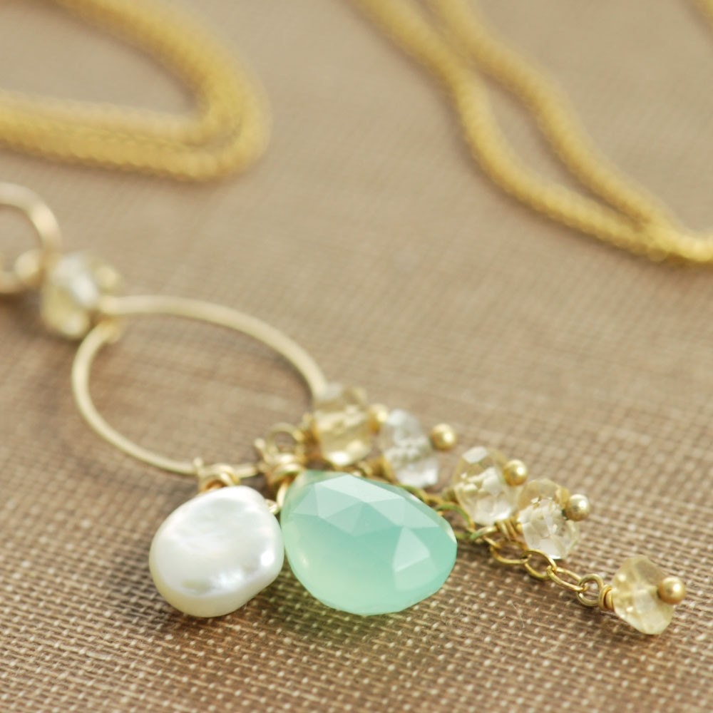 Teal Gemstone Necklace, Chrysoprase Citrine Keishi Pearl 14k Gold Fill Pendant Handmade, aubepine