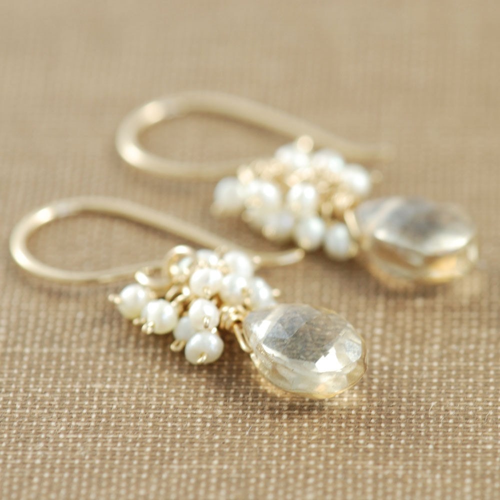 Citrine Seed Pearl Dangle Earrings 14k Gold Fill, Wire Wrapped Gemstone Earrings, aubepine