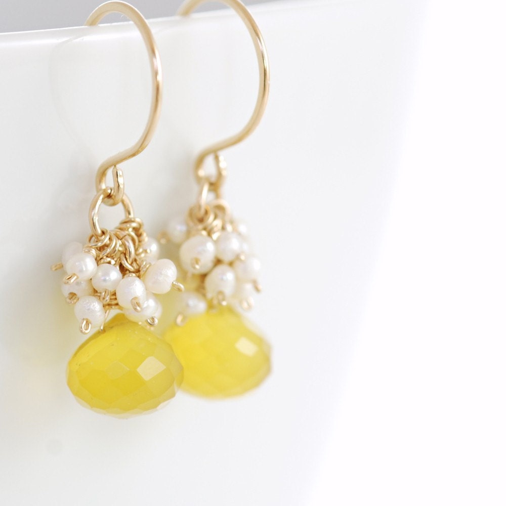 Reserved for Louise- Yellow Chalcedony and Seed Pearls Handmade Earrings- Lemon Meringue