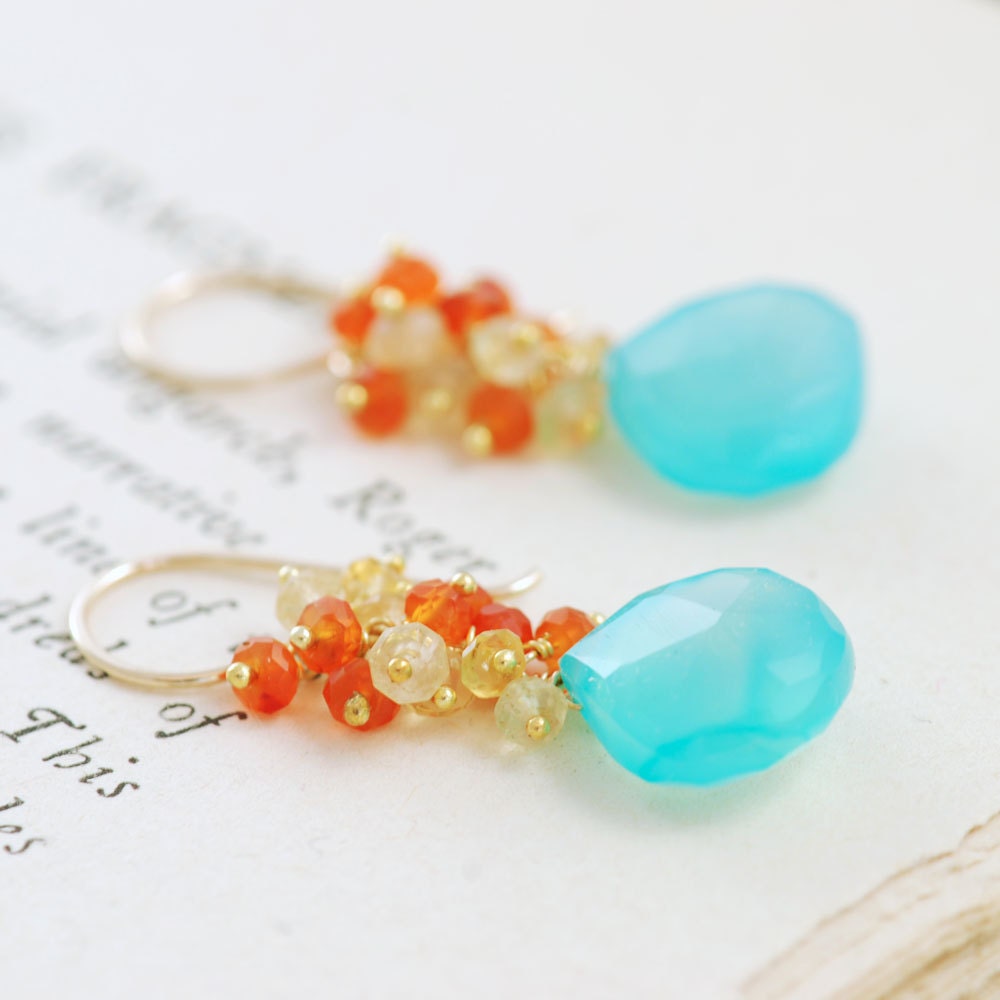 Beach Earrings, 14k Gold Gemstone Dangle Earrings, Aqua Orange Citrine Carnelian Earrings, aubepine