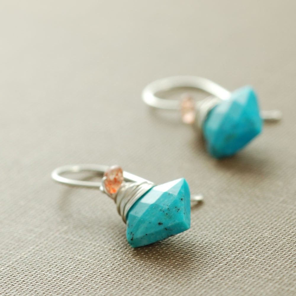 Turquoise Sunstone Earrings Wrapped in Sterling Silver, December Birthstone, Handmade