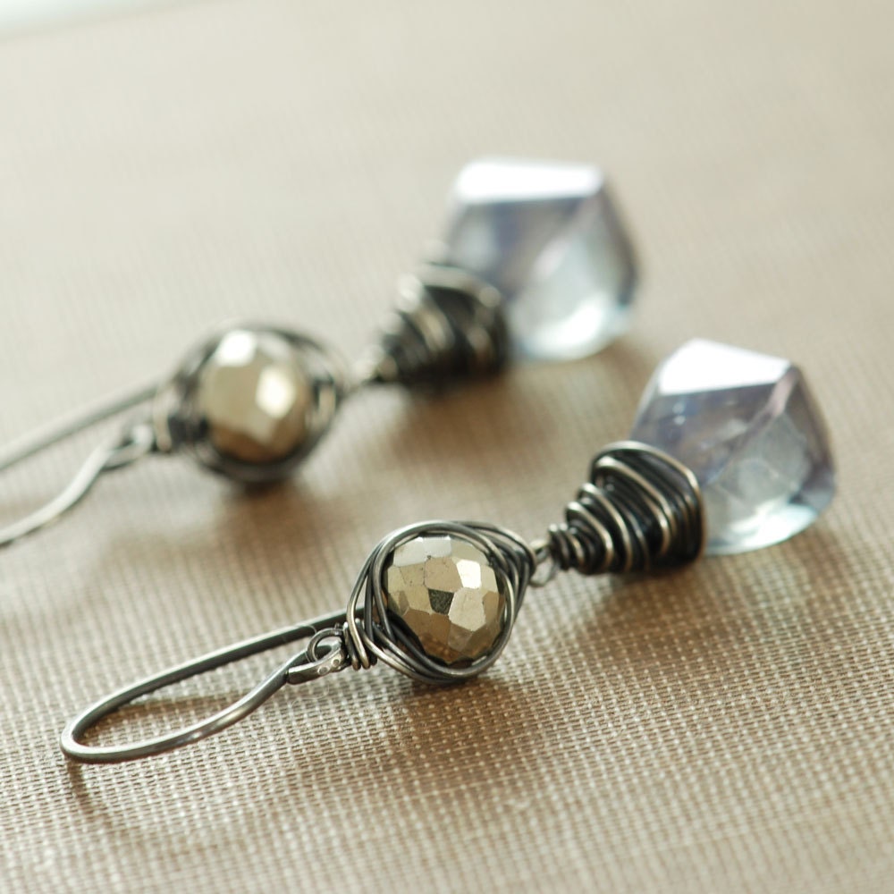 Sterling Silver Earrings Blue Quartz Pyrite, Gemstone Dangle Earrings, aubepine