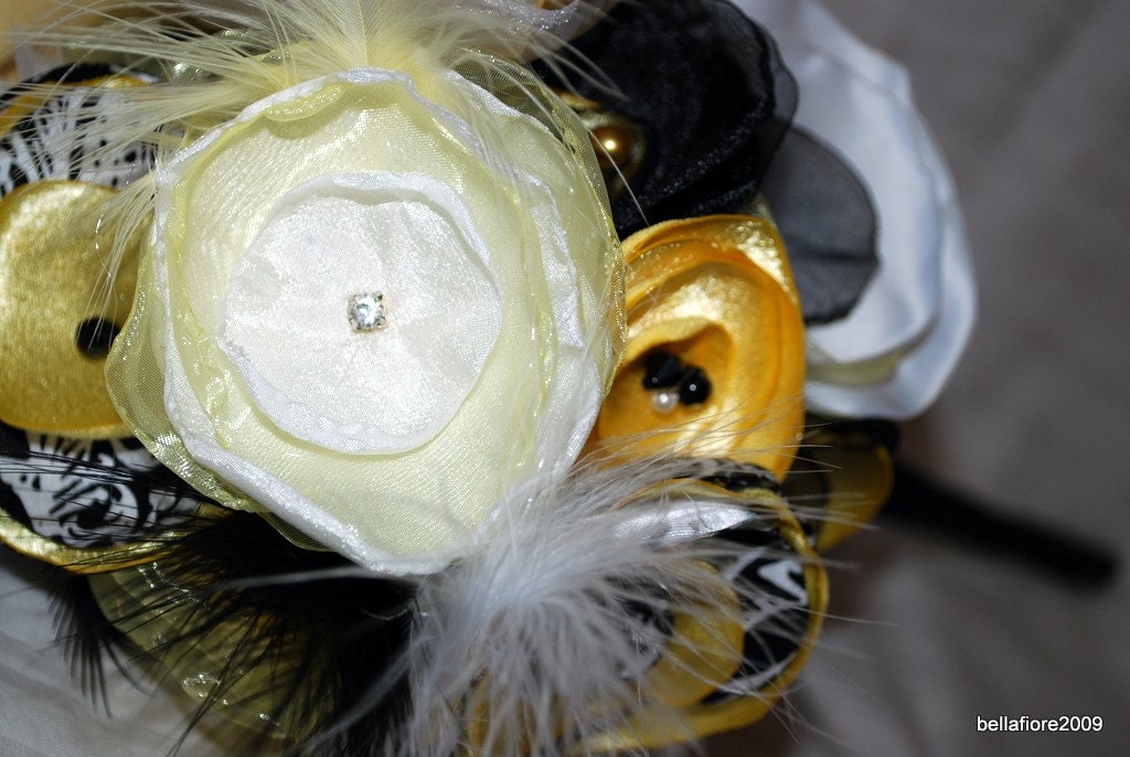 Wedding Bouquet Fabric Flowers and Feathers YELLOW BLACK AND WHITE /CUSTOMIZE TO YOUR WEDDING COLORS