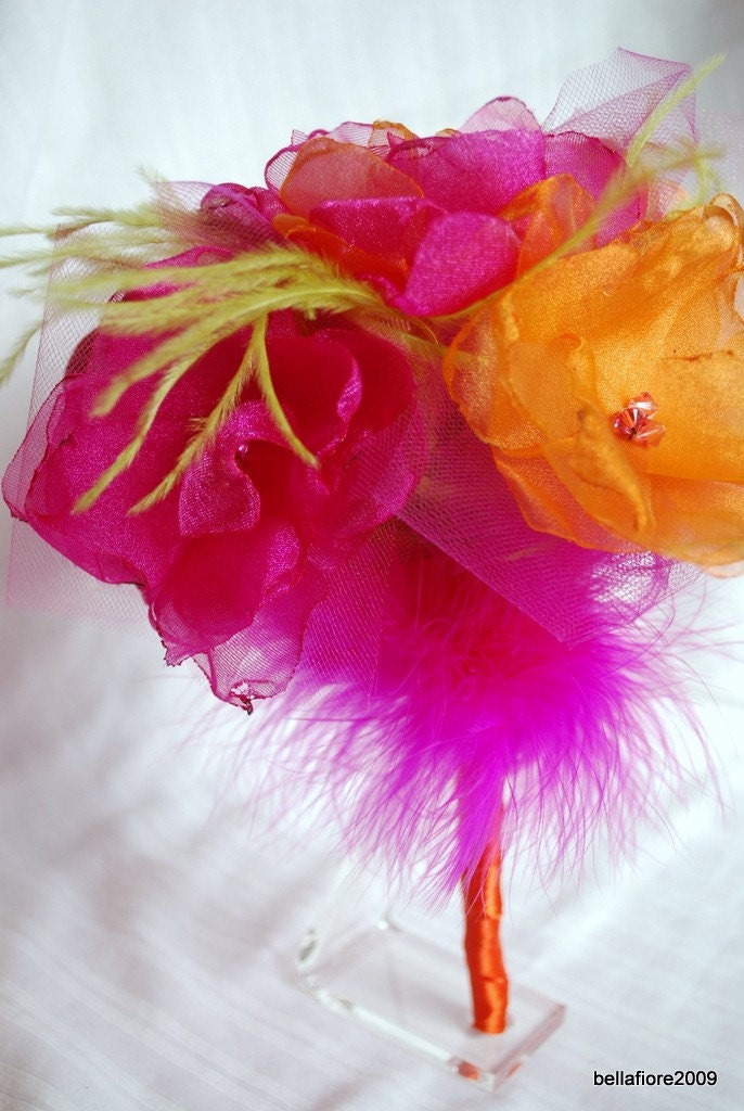 Bridesmaid Bouquet Made of Fabric Flowers in Fuchsia and Tangerine Orange with Marabou and Ostrich Feather