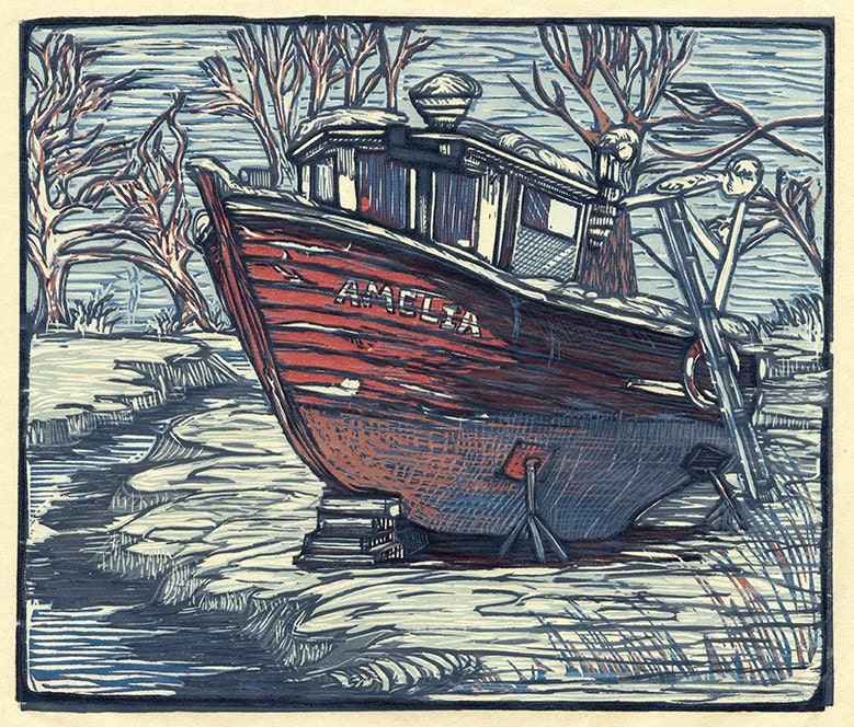 Lobster Boat Amelia (multi-color reduction woodcut)