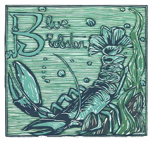 B is for Blue Lobster, multi-color reduction woodcut