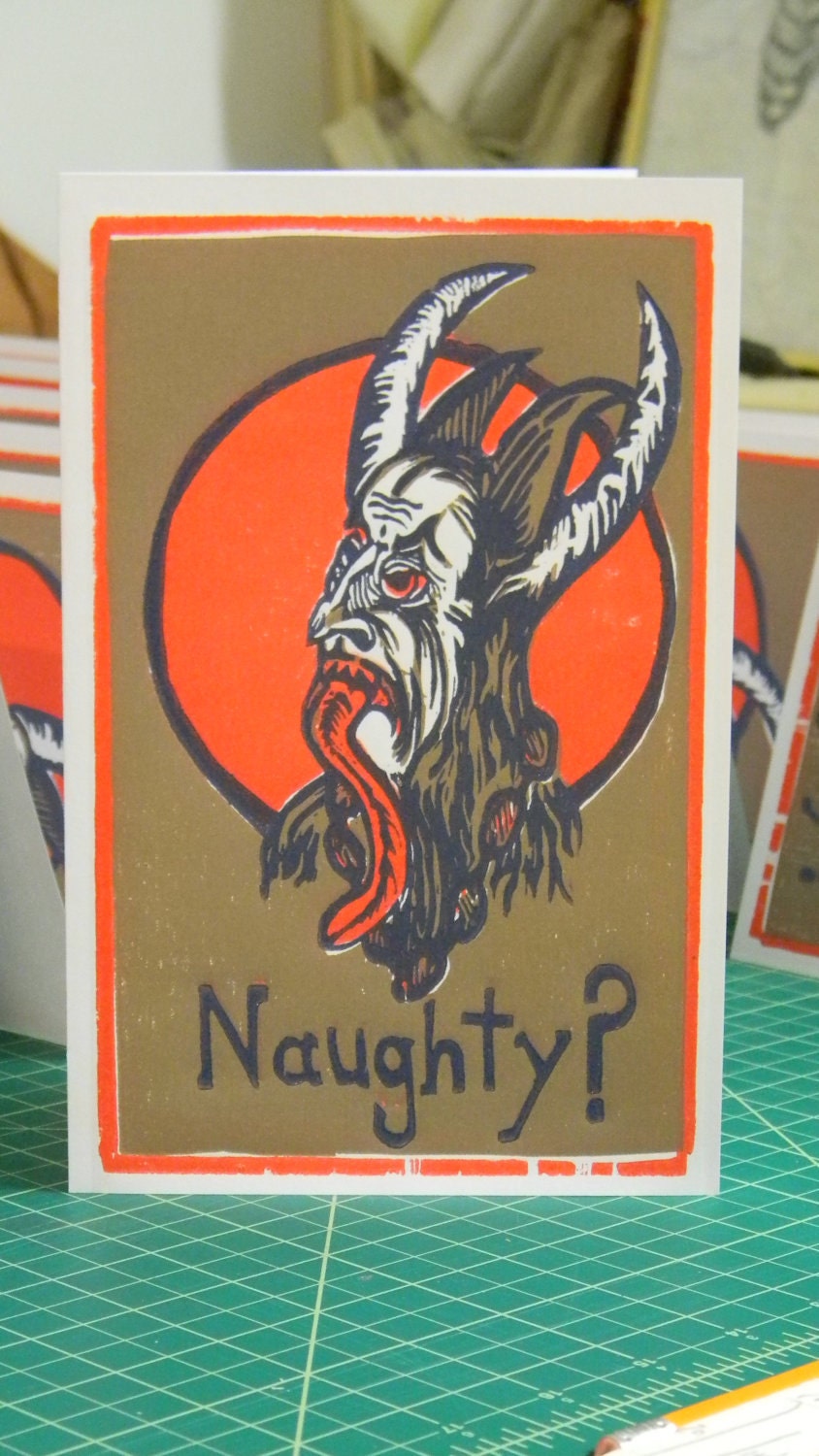 Naughty Krampus (4 color multi block woodcut 4x8 card)