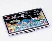 Mother of Pearl Business Credit Name Card Holder ID Money Case Wallet with 10 Creatures of Longevity Painting