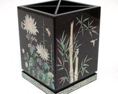 Mother of Pearl Red Purple Pencil Brush Wood Cup Case Box Holder with Four Noble Beings Design